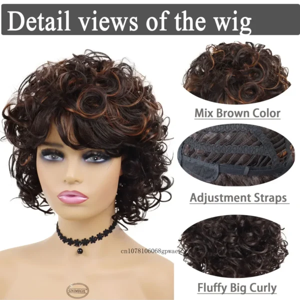 Afro Curly Wigs Women's Synthetic Hair Mix Brown Wig with Bangs Natural Looking Daily Cosplay Halloween Party High Temperature - Image 5