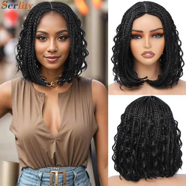 12 Inch Box Knotless Bob Braided Wigs For Black Women Ombre Blonde Braided Bob Wig With Boho Curly Wigs Synthetic Short Bob Wigs - Image 3