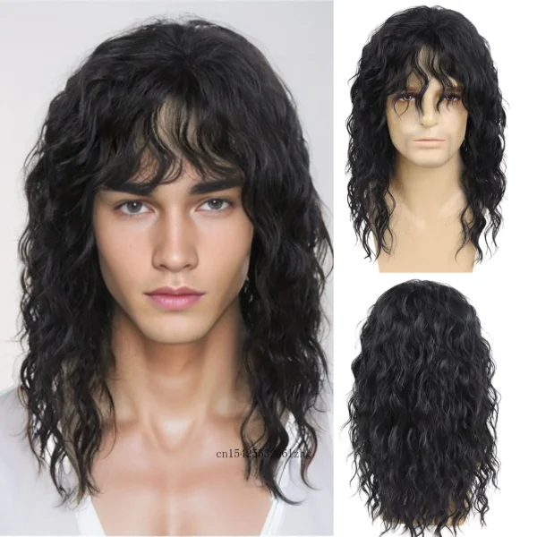 Synthetic Natural Black Wig Long Curly Hair for Men - Image 2