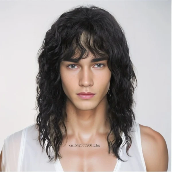 Synthetic Natural Black Wig Long Curly Hair for Men