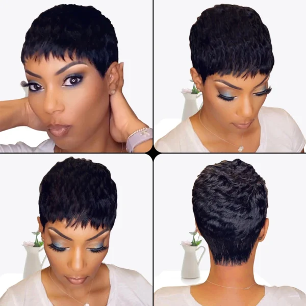 Short Pixie Cut Human Hair Wigs Natural Black Colored