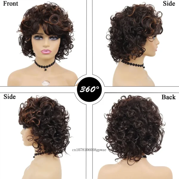 Afro Curly Wigs Women's Synthetic Hair Mix Brown Wig with Bangs Natural Looking Daily Cosplay Halloween Party High Temperature - Image 3